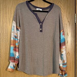 Boho Chic Long Sleeve Blouse with Patterned Sleeves